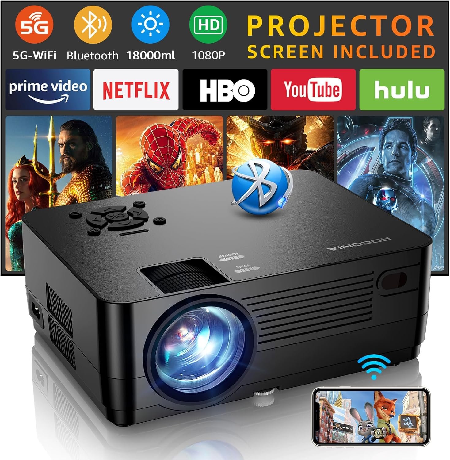 Alt text: "A sleek black projector placed on a wooden table, with a white wall in the background displaying a colorful presentation slide."