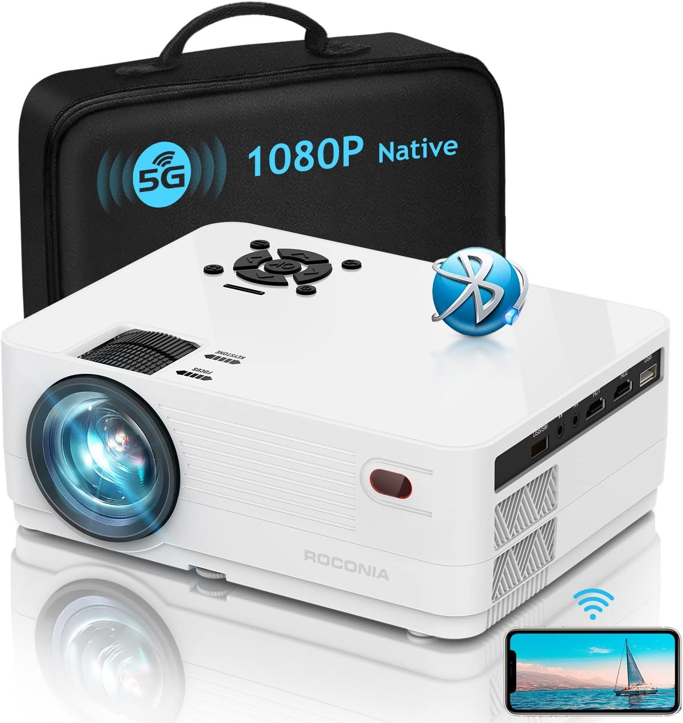 Image of a compact projector with a sleek design, featuring a lens at the front and control buttons on the side, set against a neutral background.